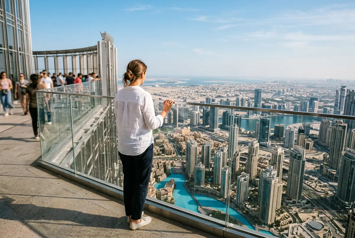 at the top burj khalifa scene: a visitor looking out from the open air terrace of the lower observation deck over Downtown Dubai at midday, clear sky