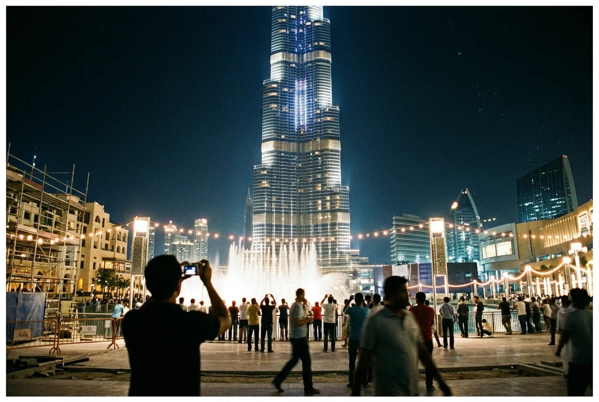 precio burj khalifa construccion escena: fotografía de archivo estilo histórico de la construcción del Burj Khalifa a media altura con grúas, cielo de Dubai al atardecer
