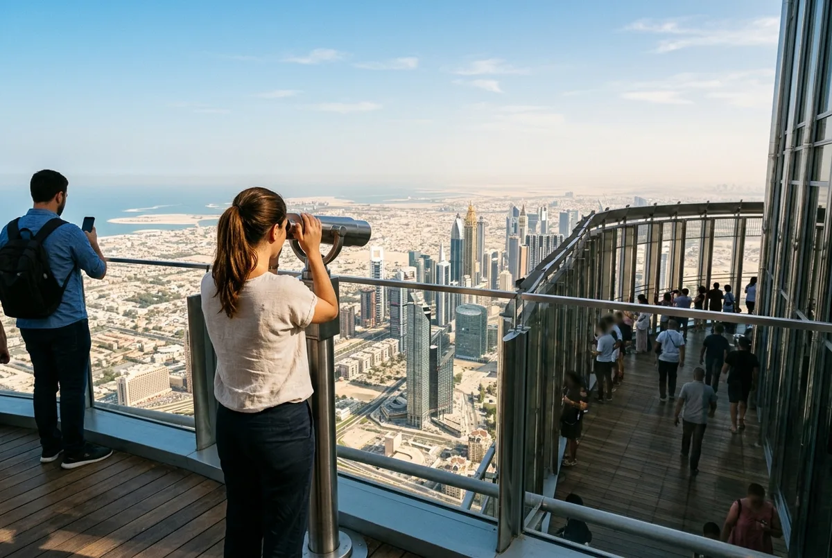 burj khalifa observation deck scene: visitors on the open air terrace at 452 meters using a telescope to view Downtown Dubai and the desert horizon at midday