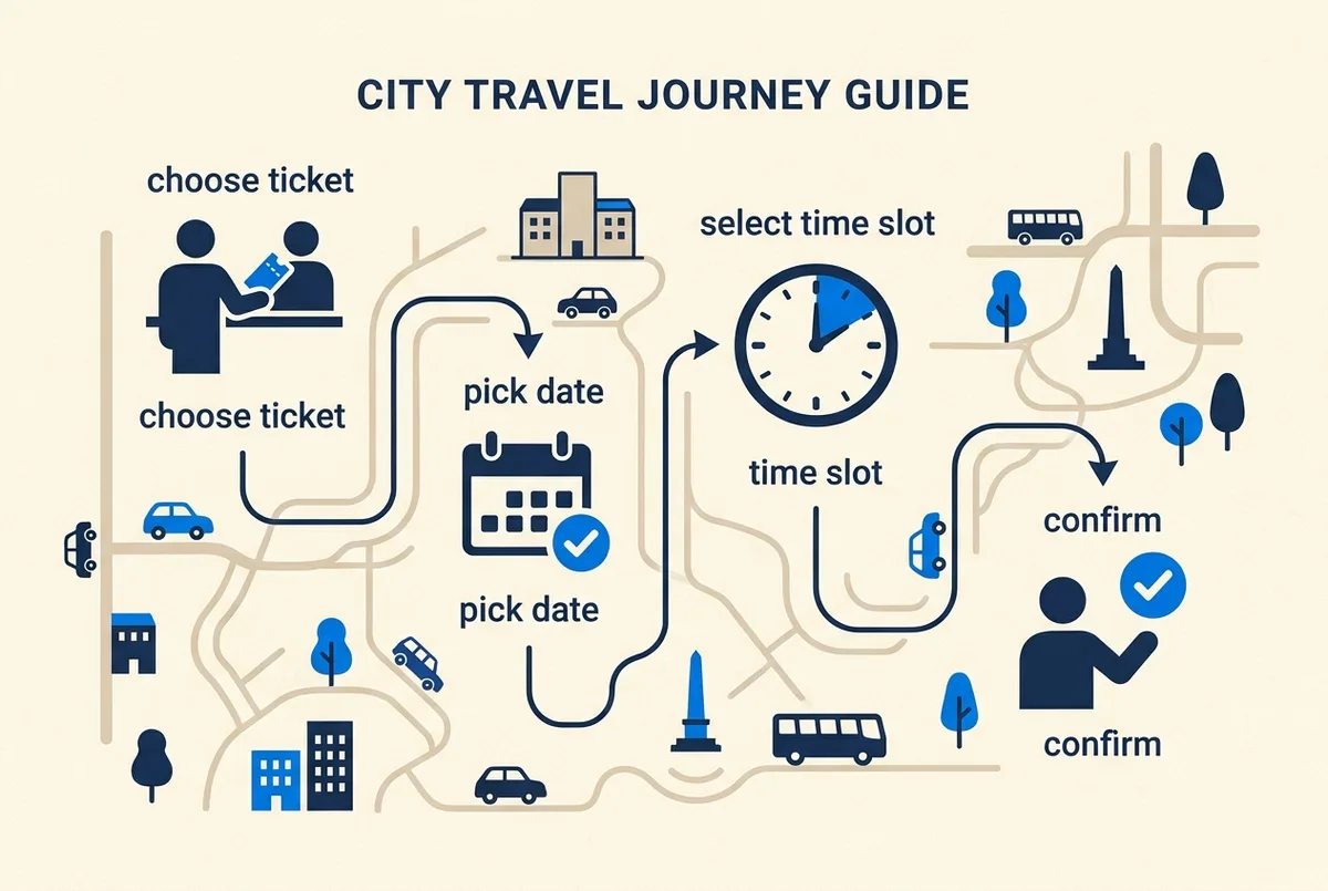 a simple flat infographic showing four connected steps labeled choose ticket, pick date, select time slot, and confirm, generic icons only, no prices or text