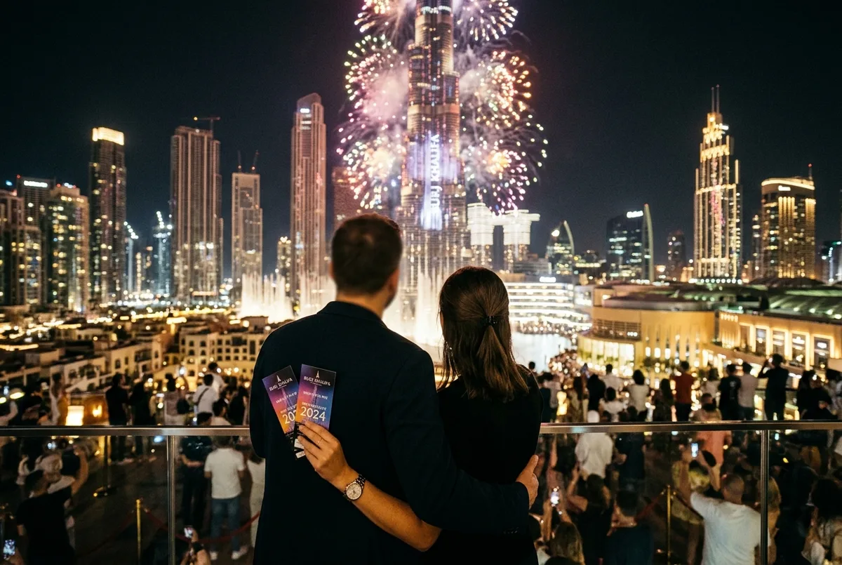 Pärchen blickt an silvester tickets für burj khalifa auf die beleuchtete Skyline von Downtown Dubai mit Feuerwerk am Nachthimmel