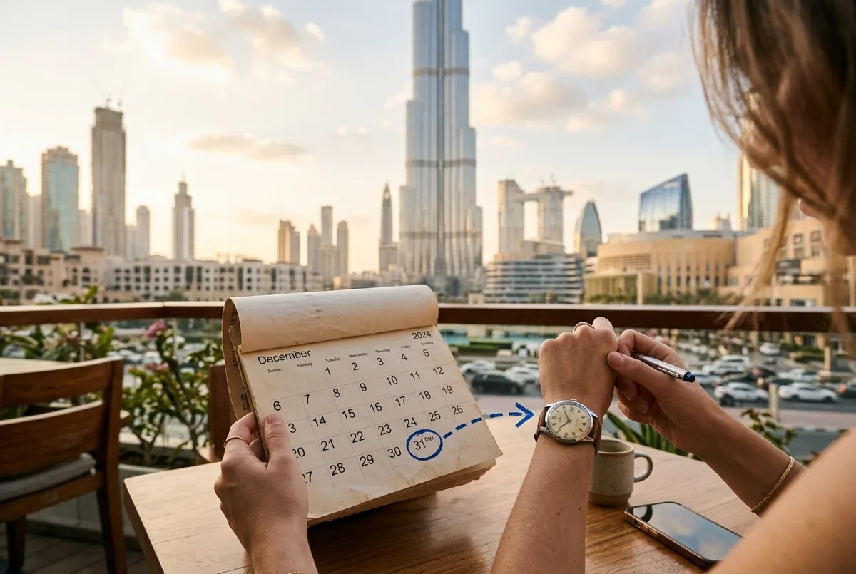 Zeitleiste für die Buchung von burj khalifa new year tickets: Kalendersymbol mit markiertem 31. Dezember und Pfeil zu einem Uhrensymbol für frühe Buchung