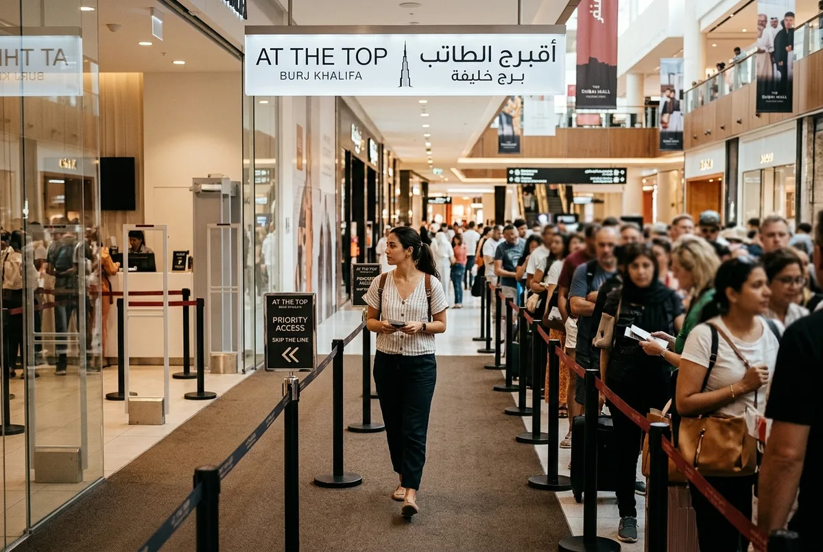 burj khalifa skip the line tickets scene: a visitor walking through a short dedicated priority lane past a busy general queue at the At the Top entrance, Dubai Mall