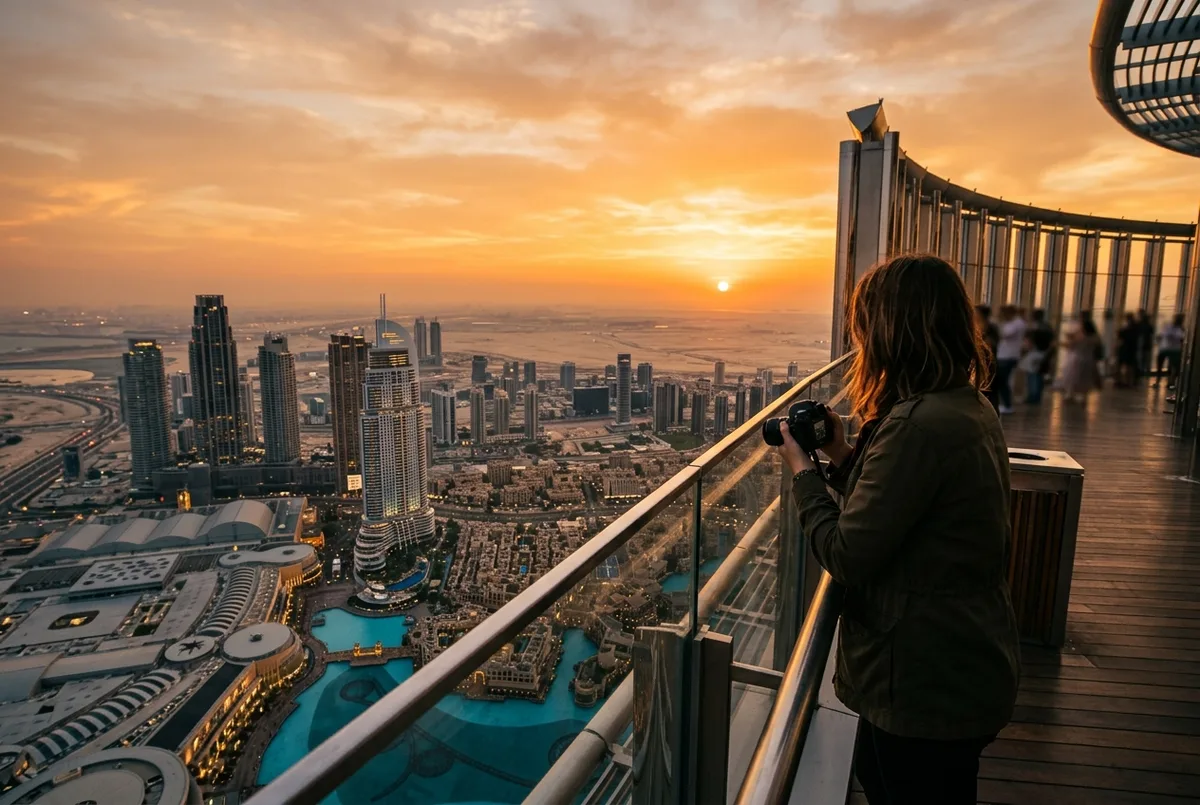mejor hora para subir al burj khalifa escena: la terraza de observación iluminada por una puesta de sol dorada sobre el Golfo Arábigo