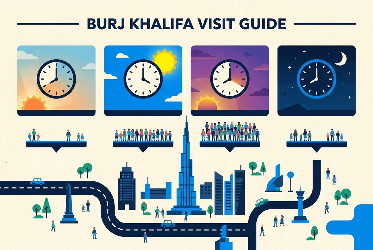 burj khalifa at the top best time infografía con un reloj circular dividido en tres franjas etiquetadas mañana, atardecer y noche, sin cifras de precio