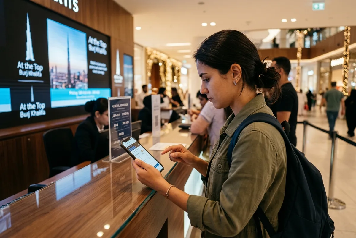 burj khalifa ticket price scene: a traveler comparing ticket tiers on a phone at the At the Top counter inside Dubai Mall, warm indoor lighting, focused mood