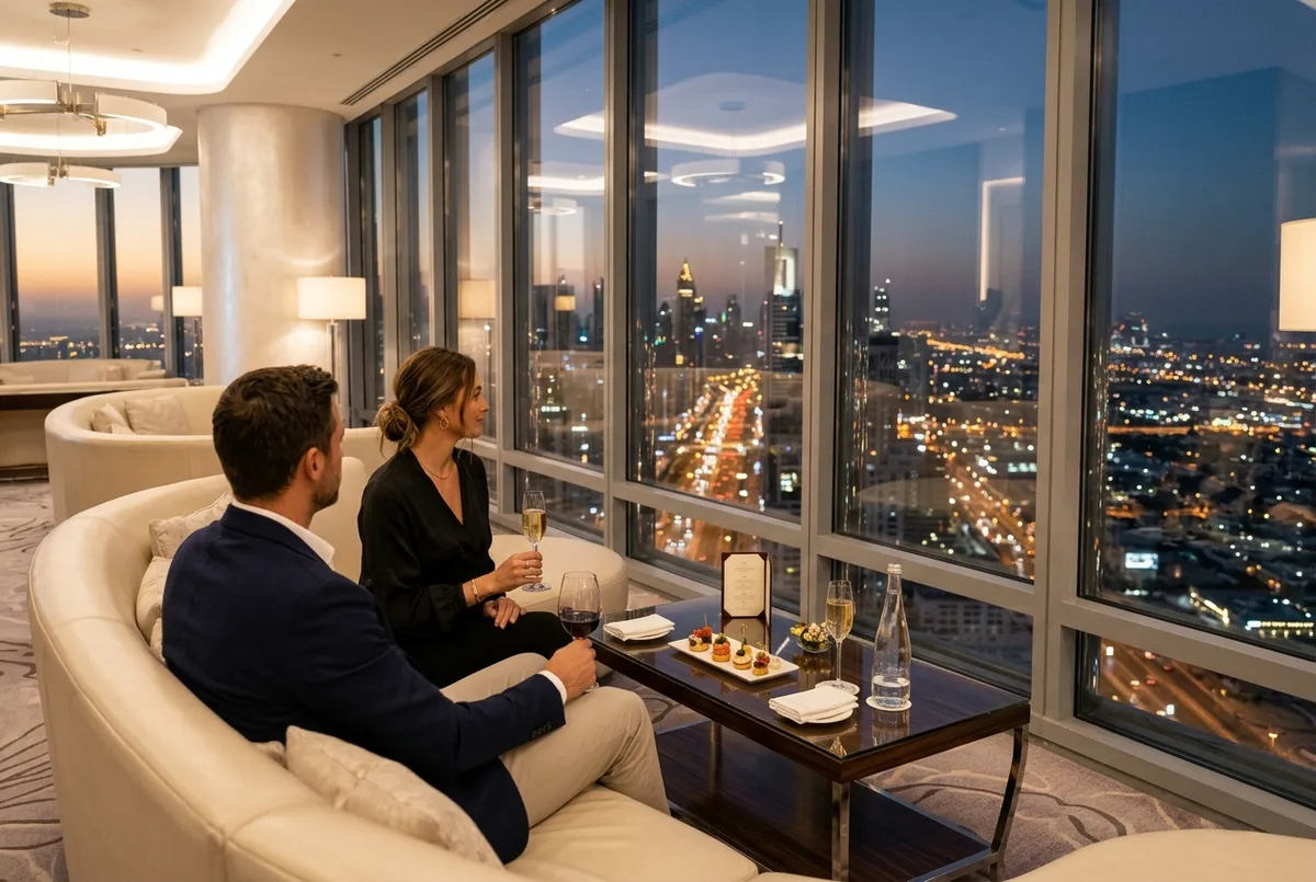 burj khalifa vip tickets scene: a couple seated in a pearlescent sky lounge interior with canapes and drinks on a low table, floor to ceiling windows over Dubai at dusk