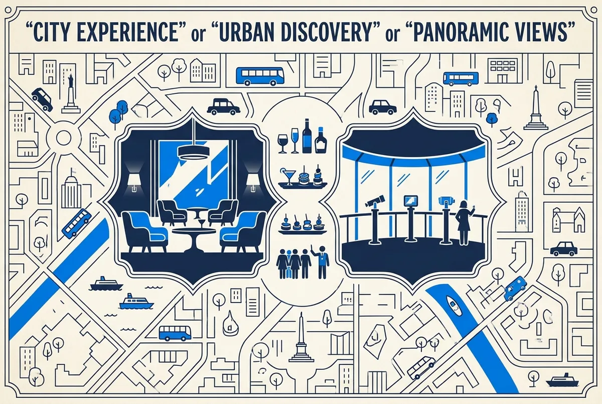 burj khalifa vip tickets infographic comparing a lounge interior icon and an observation deck icon with generic labels for included drinks, canapes and guided tour