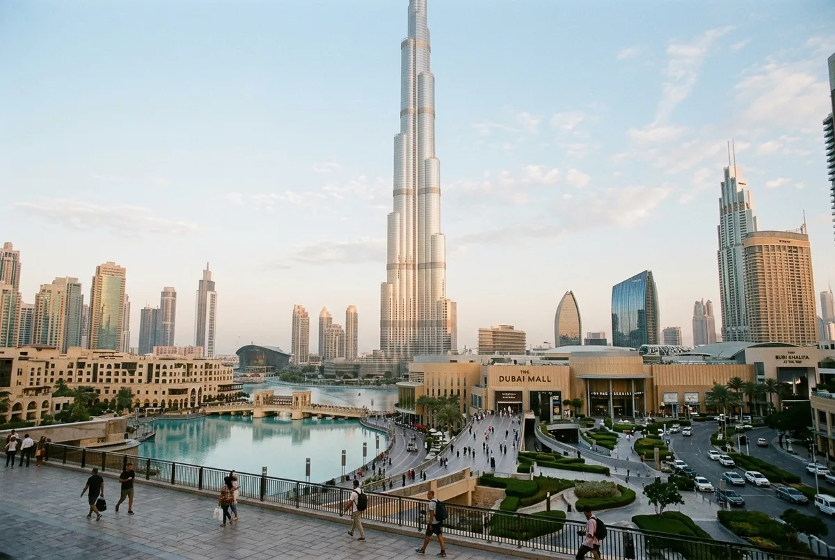 burj khalifa opening hours scene: the burj khalifa tower rising above downtown dubai in soft morning light, with the dubai mall complex visible at its base