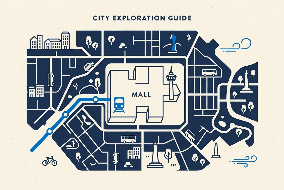 a simple flat map diagram showing a tower icon attached to a mall outline, with a metro line icon leading toward it, generic shapes only, no labels or distances