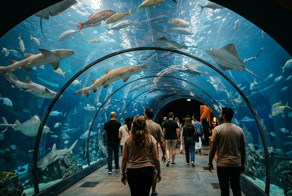 dubai aquarium & underwater zoo tickets scene: visitors walking through a glass tunnel surrounded by sharks and rays inside a large aquarium tank, dubai mall