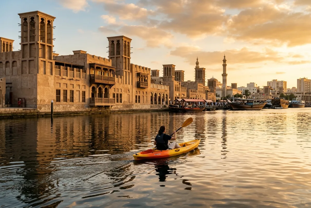 kayak dubai creek escena: una persona remando en kayak junto a edificios con torres de viento tradicionales a lo largo de un canal histórico en luz dorada de atardecer, agua en calma