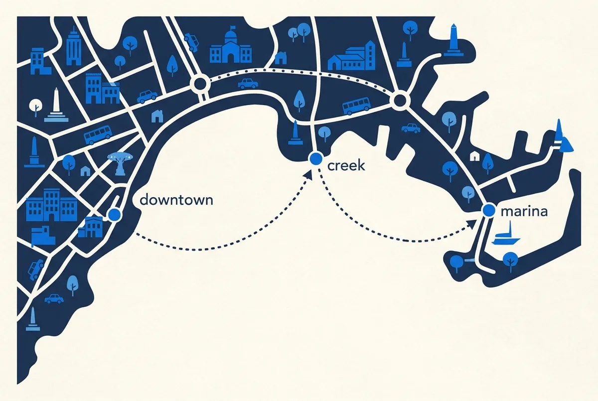 mapa plano sencillo con tres puntos genéricos marcados downtown, creek y marina junto a una línea de costa, conectados por líneas de trayecto punteadas, sin etiquetas ni distancias además de los tres puntos