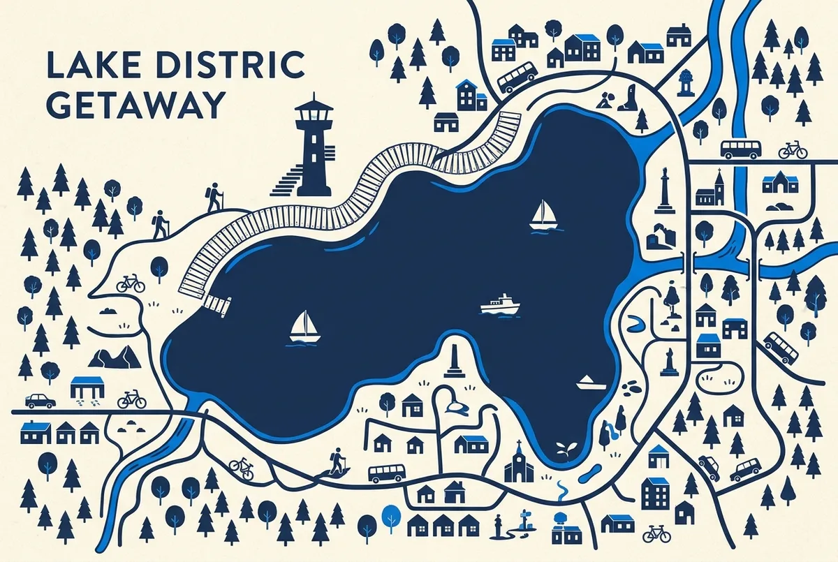 a simple infographic diagram of a lake shaped outline with a boardwalk line along one edge and a tower silhouette beside it, generic icons only, no text or measurements