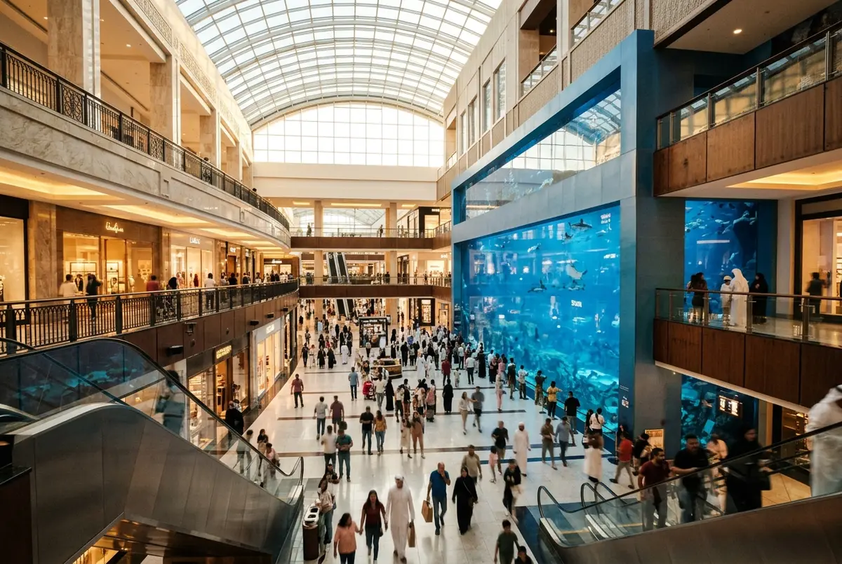Rodzina z dzieckiem patrząca na rekiny w szklanym tunelu Dubai Aquarium podczas atrakcji w Dubai Mall, kolorowe podwodne światło, wieczorem