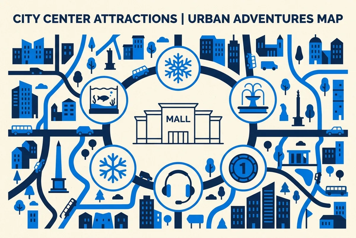 Infografika mapy Dubai Mall z oznaczonymi punktami atrakcji: Dubai Aquarium, Dubai Fountain i wejście na taras widokowy Burj Khalifa, styl prostej mapy orientacyjnej