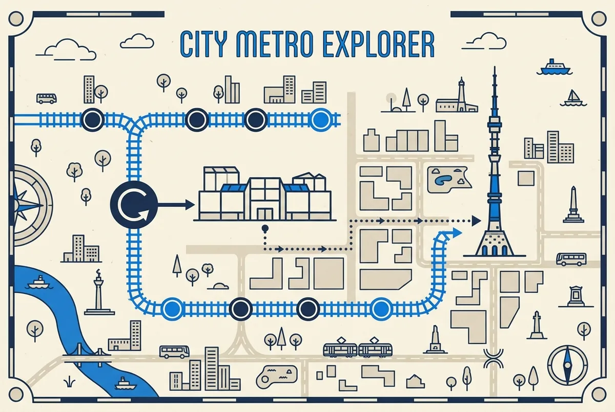 a simple flat map diagram showing a metro line icon connecting to a mall outline with a dotted walking path leading to a tower icon, generic shapes only, no labels or distances