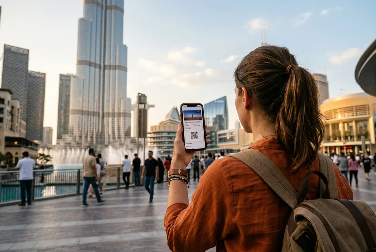 burj khalifa experience scene: a traveler weighing a ticket on their phone against the tower's silhouette in the background at dusk, thoughtful mood